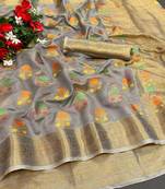 Grey Woven Organza Saree With Blouse