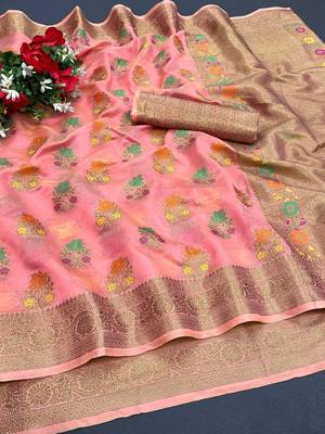 Pink Woven Organza Saree With Blouse 1