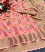 Pink Woven Organza Saree With Blouse