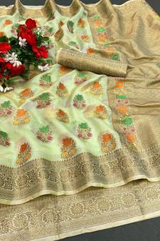 Light Green Woven Organza Saree With Blouse