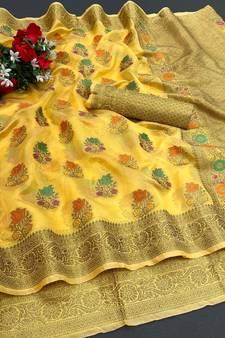Yellow Woven Organza Saree With Blouse