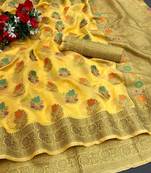 Yellow Woven Organza Saree With Blouse