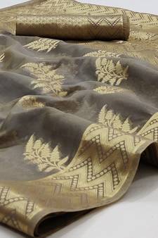 Grey Woven Organza Saree With Blouse