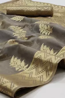 Grey Woven Organza Saree With Blouse