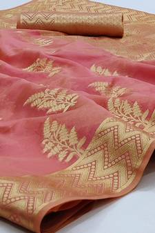 Pink Woven Organza Saree With Blouse