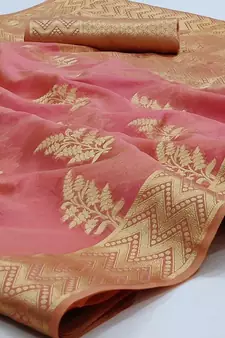 Pink Woven Organza Saree With Blouse