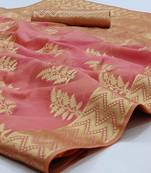 Pink Woven Organza Saree With Blouse