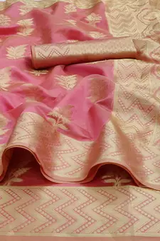 Pink Woven Organza Saree With Blouse