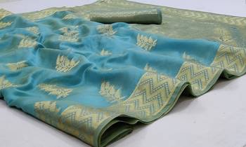 Sky Blue Woven Organza Saree With Blouse 1