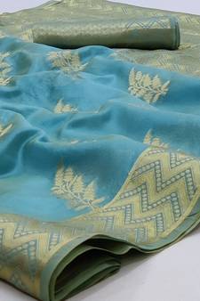Sky Blue Woven Organza Saree With Blouse