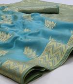Sky Blue Woven Organza Saree With Blouse