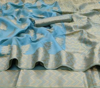 Sky Blue Woven Organza Saree With Blouse 2