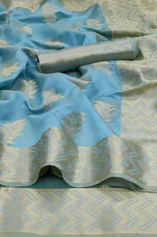 Sky Blue Woven Organza Saree With Blouse