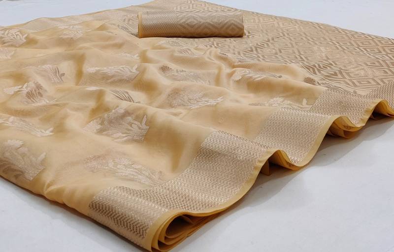 Beige woven organza saree with blouse