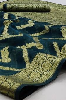 Dark Green Woven Organza Saree With Blouse