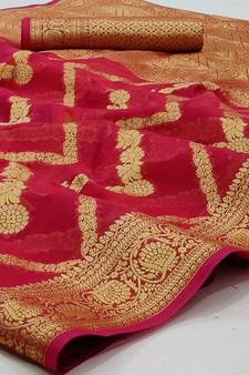 Pink Woven Organza Saree With Blouse