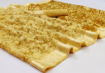 Yellow printed linen saree with blouse 1