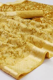 Yellow printed linen saree with blouse