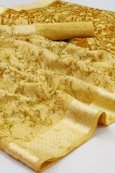 Yellow printed linen saree with blouse