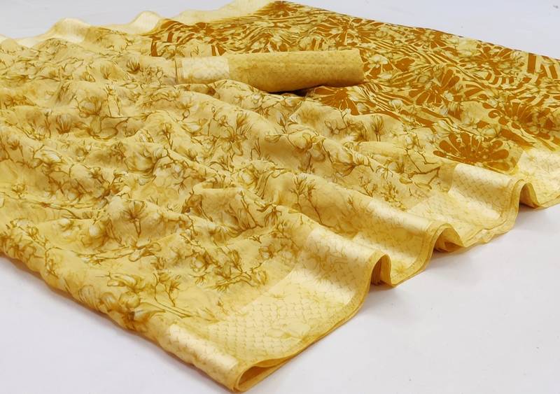 Yellow printed linen saree with blouse