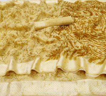 Yellow printed linen saree with blouse 2