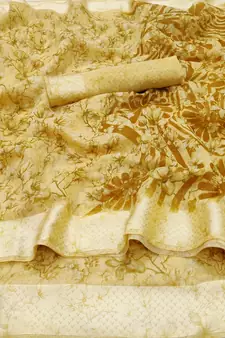 Yellow printed linen saree with blouse
