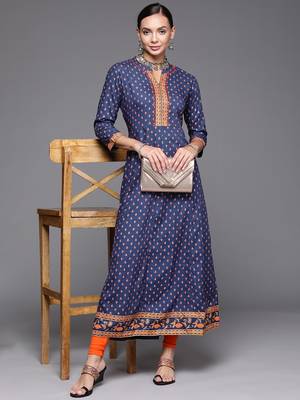 Indo Era Blue Foil Printed A-line Kurta 1