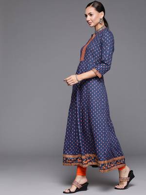 Indo Era Blue Foil Printed A-line Kurta 3