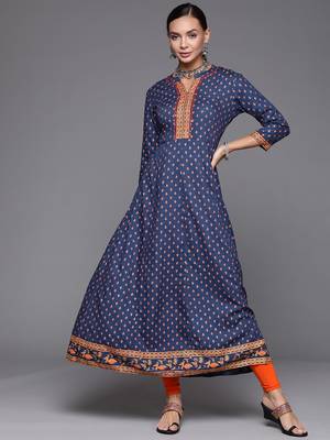 Indo Era Blue Foil Printed A-line Kurta 4