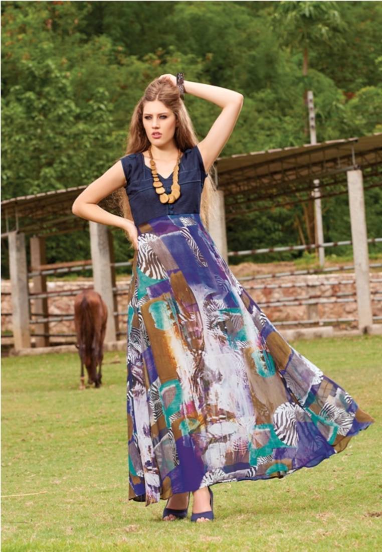 kayanoosh,Multi colour printed,long denim georgette,kurti