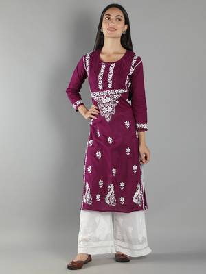 Hand Embroidered Lucknowi Chikankari Purple Cotton Kurta 1