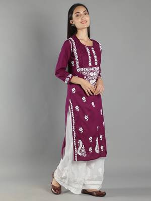 Hand Embroidered Lucknowi Chikankari Purple Cotton Kurta 3
