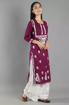 Hand Embroidered Lucknowi Chikankari Purple Cotton Kurta