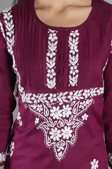Hand Embroidered Lucknowi Chikankari Purple Cotton Kurta