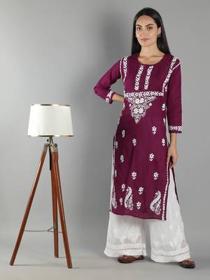Hand Embroidered Lucknowi Chikankari Purple Cotton Kurta 5