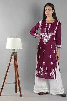 Hand Embroidered Lucknowi Chikankari Purple Cotton Kurta