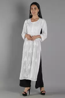 Seva Chikan Hand Embroidered Lucknowi Chikankari White Cotton Kurta