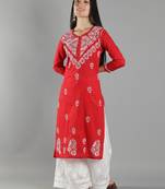 Hand Embroidered Lucknowi Chikankari Red Cotton Kurta