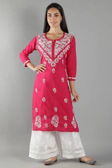 Hand Embroidered Lucknowi Chikankari Magenta Cotton Kurta