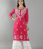 Hand Embroidered Lucknowi Chikankari Magenta Cotton Kurta