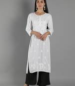 Hand Embroidered Lucknowi Chikankari White Cotton Kurta with Mukaish Work