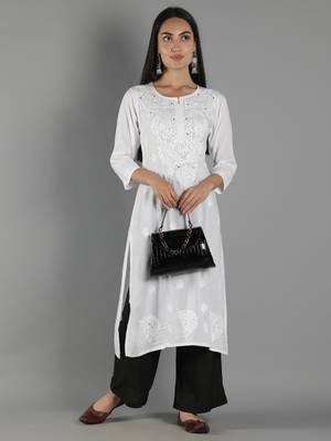 Hand Embroidered Lucknowi Chikankari White Cotton Kurta with Mukaish Work 5
