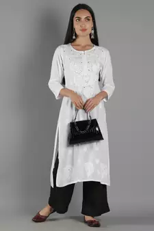 Hand Embroidered Lucknowi Chikankari White Cotton Kurta with Mukaish Work