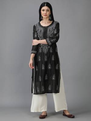 Hand Embroidered Lucknowi Chikankari Black Chanderi Kurta 1