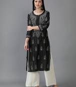 Hand Embroidered Lucknowi Chikankari Black Chanderi Kurta
