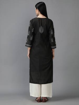 Hand Embroidered Lucknowi Chikankari Black Chanderi Kurta 2