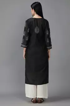 Hand Embroidered Lucknowi Chikankari Black Chanderi Kurta