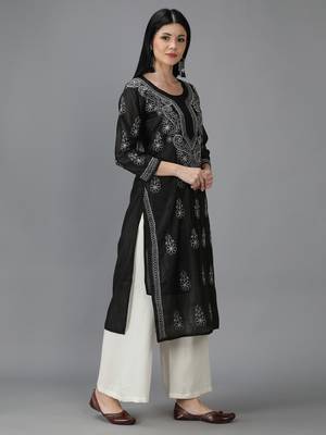 Hand Embroidered Lucknowi Chikankari Black Chanderi Kurta 3