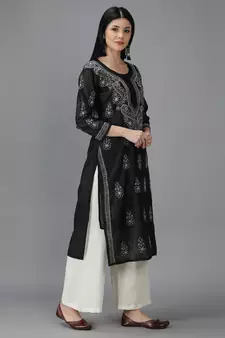 Hand Embroidered Lucknowi Chikankari Black Chanderi Kurta