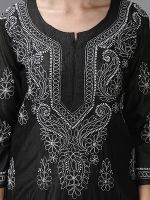 Hand Embroidered Lucknowi Chikankari Black Chanderi Kurta 4
